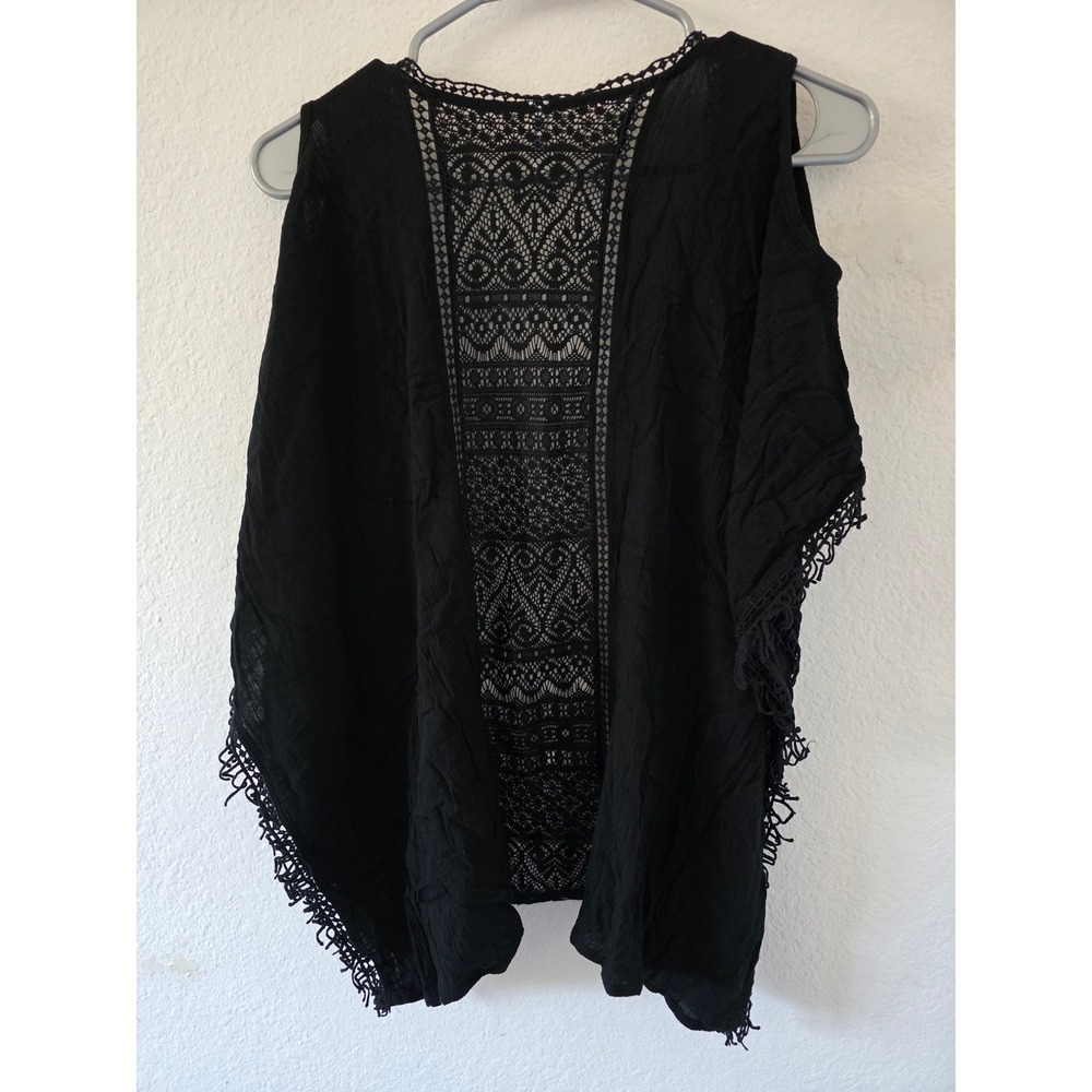 Xhilaration Black Crochet Lace Back Kimono Vest Tassel Fringe XS/S - Picture 4 of 6
